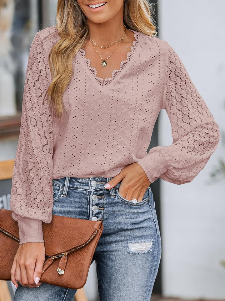 CUPSHE Damen Blusen V-Ausschnitt Spitzen Wellenkante Puffärmel Langarmshirt Lässige Lace Oberteile T