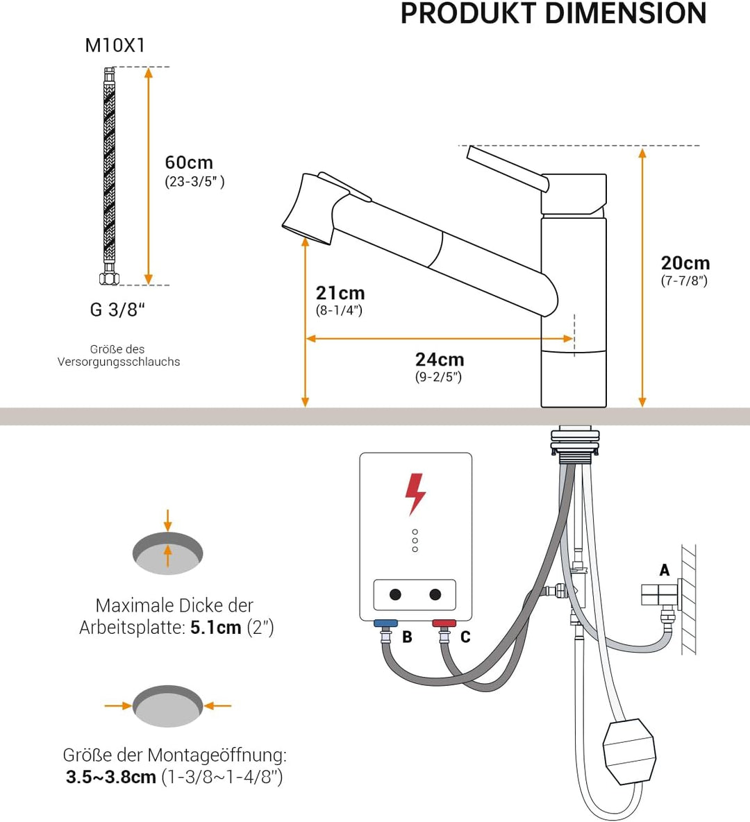 DAYONE Niederdruck Wasserhahn Küche, Niederdruck Küchenarmatur mit Ausziehbarer Brause, 3 Anschlüsse