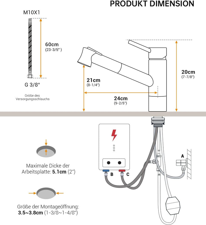 DAYONE Niederdruck Wasserhahn Küche, Niederdruck Küchenarmatur mit Ausziehbarer Brause, 3 Anschlüsse