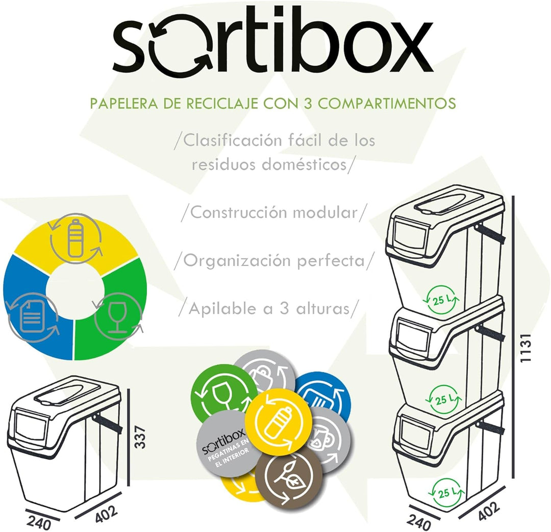 Set de 3 cubos de basura KEDEN SORTIBOX para reciclado, gris, volumen 3x25L