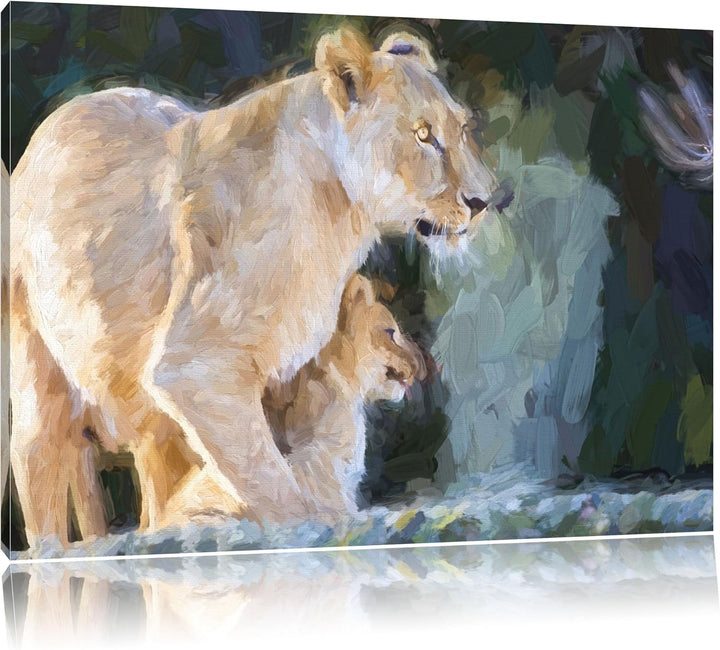 Löwenmutter mit Jungtier Deluxe Format: 100x70 cm auf Leinwand, XXL riesige Bilder fertig gerahmt mi