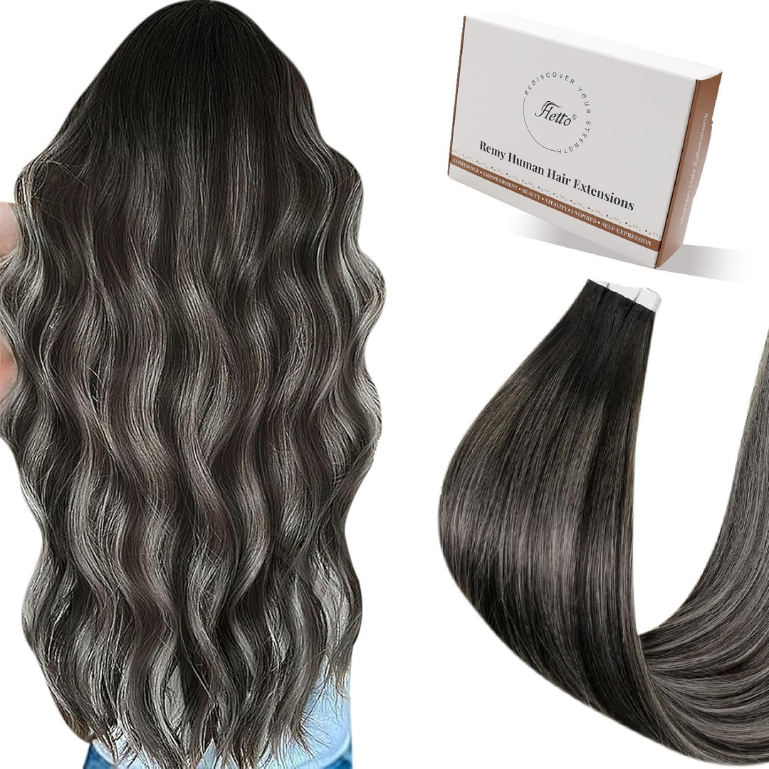 Hetto Tape in Extensions Echthaar Balayage Tape in Echthaar Extensions Schwarz Mit Grey Tape in Exte