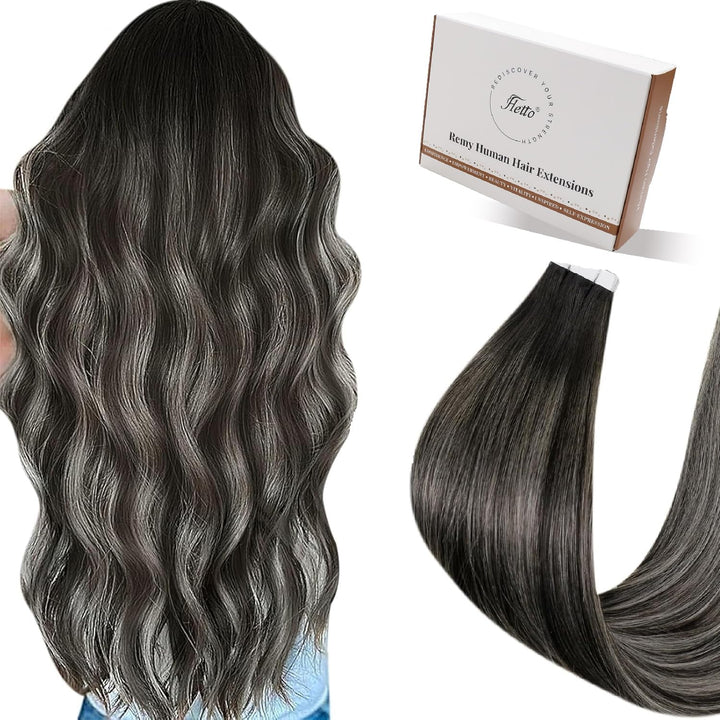 Hetto Tape in Extensions Echthaar Balayage Tape in Echthaar Extensions Schwarz Mit Grey Tape in Exte