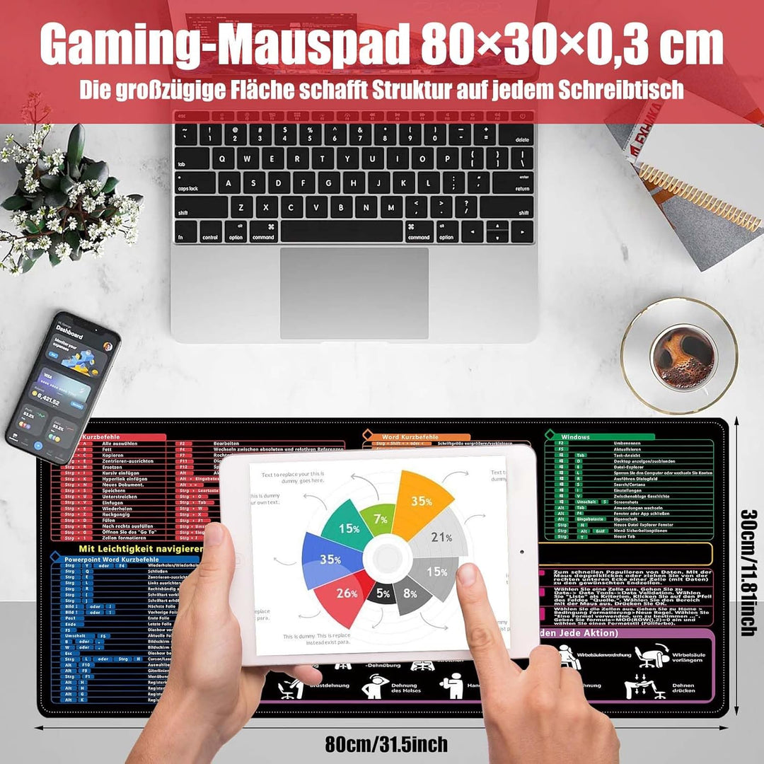 XL Mauspad Deutsch 80×30×0,3 cm, Hochwertige Schreibtischunterlage für Excel, Word, PPT und Windows