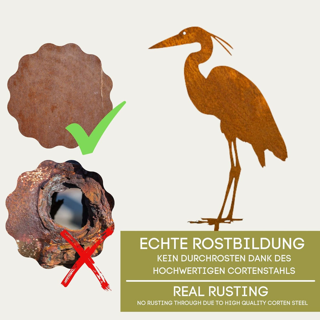 MM Steel Styles Edelrost Reiher Gartenstecker-einfach einsteckbare Rostdeko aus hochwertigem Cortens