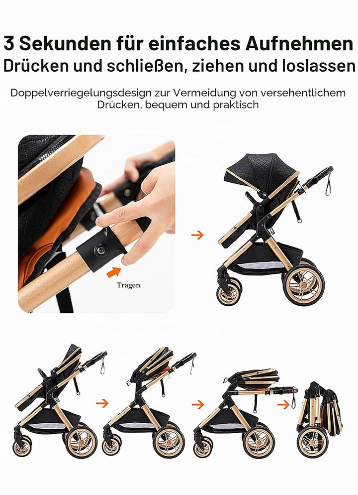 GLOKID Kinderwagen 3 in 1,Reisesysteme, Babywanne,Buggy&amp;Sportsitz,Tragbarer,Voll-Gummireifen,Mit Ein