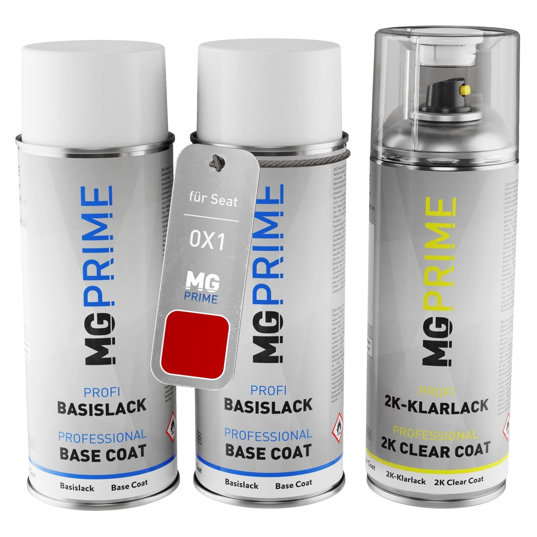 MG PRIME Autolack 2K Spraydosen Set für Seat 0X1 / E1 Desire Red Perl/Desire Rot Metallic Grundlack
