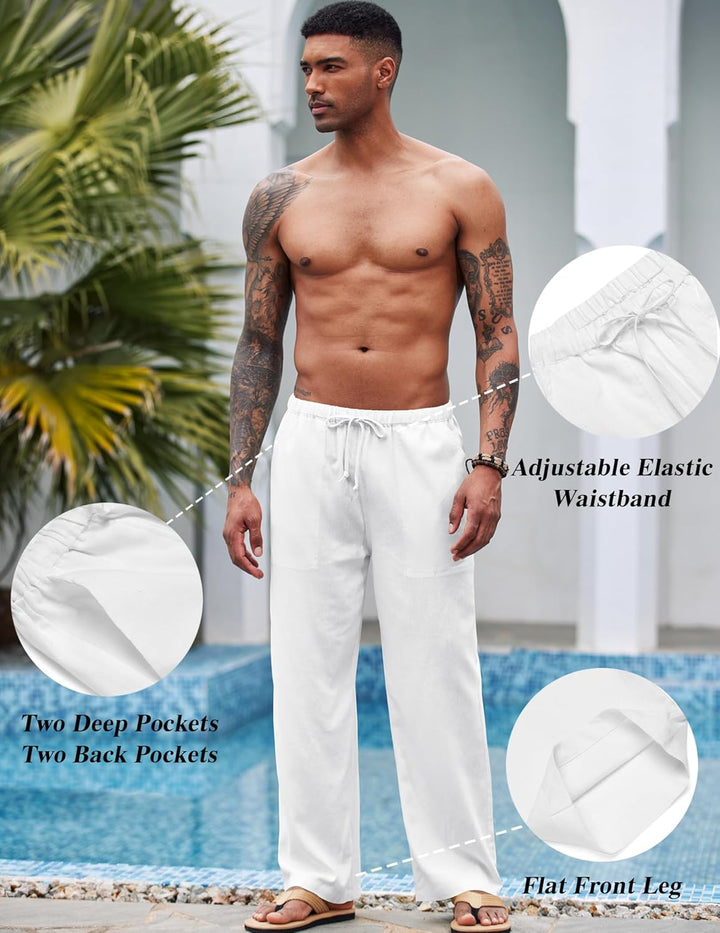 COOFANDY Herren Hose Lange Leinenhose Leicht Sommerhose Strandhose Elastische Taille Hosen Männer Fr
