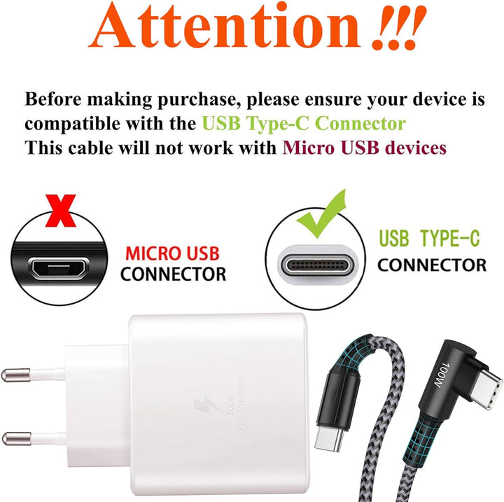 45W USB C Schnellladegerät Super Fast Netzteil Ladegerät mit (2m, 100W) Type C Nylon Kabel für Samsu