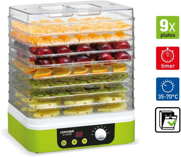 CONCEPT Hausgeräte SO1060 Dörrgerät IN TIME mit Zeitschaltuhr, 9 rechteckige Einlegeböden, grün, Dis