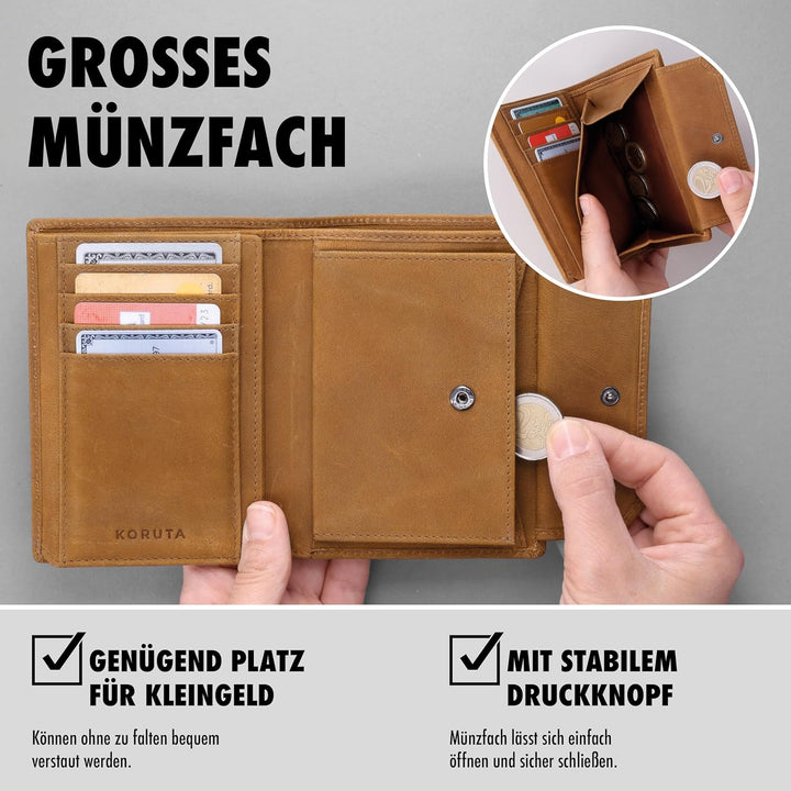 KORUTA® Leder Geldbörse Herren mit RFID Schutz I Portemonnaie Gross mit Münzfach I 13 Fächer I Echtl