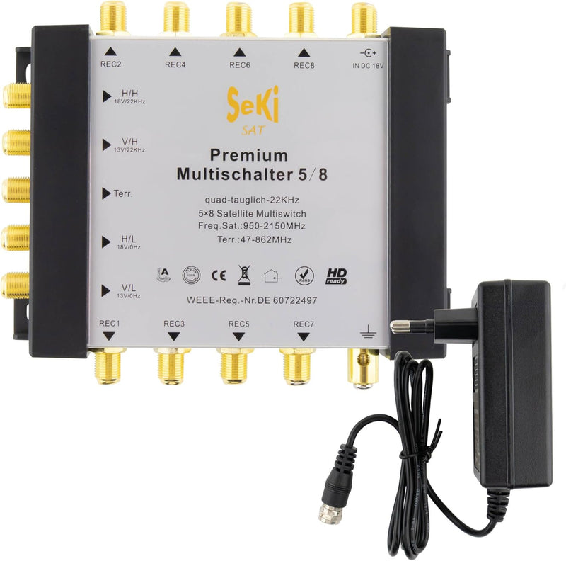 SeKi Multischalter 5/8 1 Satellit 8 Teilnehmer Quad LNB-tauglich HDTV FullHD 8K