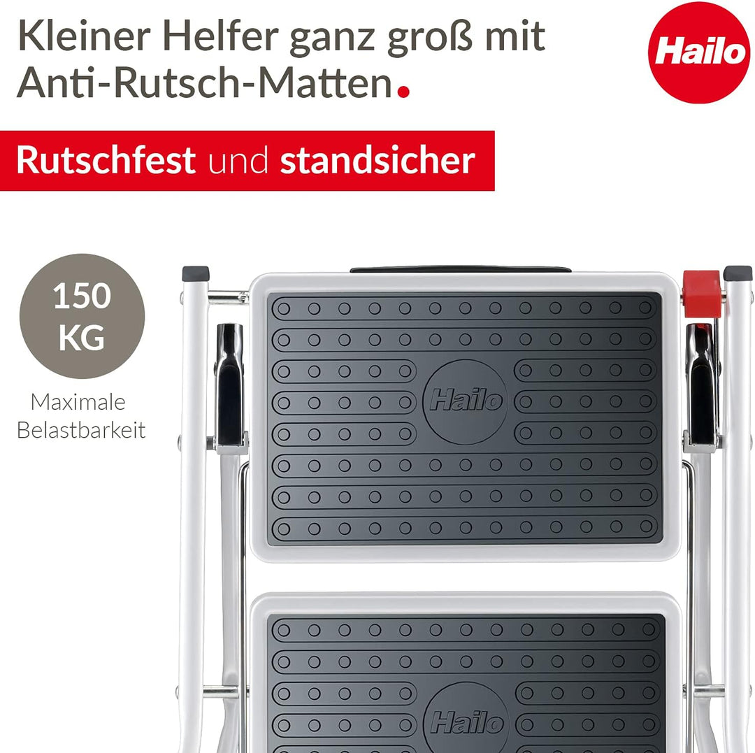 Hailo MK60 Mini Stahl-Trittleiter - 2 grosse Stufen mit Anti-Rutsch-Matten bis 150kg - Klappsicherun