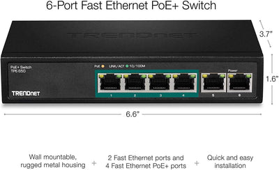 TRENDnet TPE-S50 6-Port Fast-Ethernet-PoE + -Switch, 4 x Fast-Ethernet-PoE + -Ports, 2 x Fast-Ethern