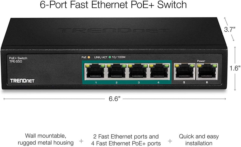 TRENDnet TPE-S50 6-Port Fast-Ethernet-PoE + -Switch, 4 x Fast-Ethernet-PoE + -Ports, 2 x Fast-Ethern