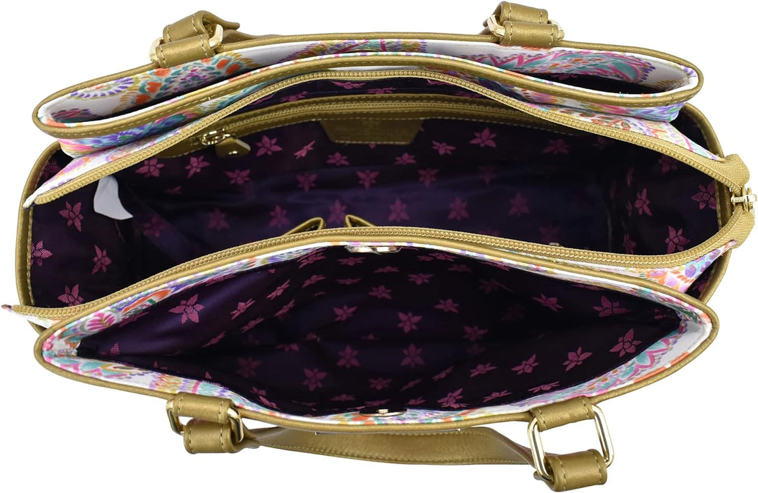 Anuschka Satchel mit Fächern - Wanderlust Kollektion - Nylonstoff mit Leader Trim und Kunstdruck Boh