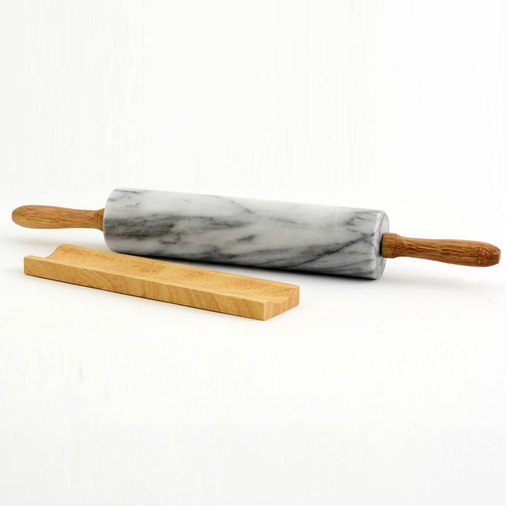 Cbam Teigroller aus weissem Marmor, mit Holzbasis, Horwood Rolling Pin & Stand