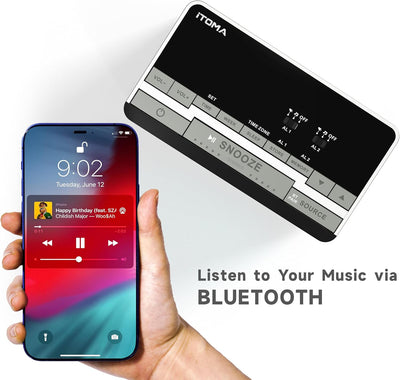 iTOMA Radiowecker，Bluetooth Stereo Lautsprecher, FM Radio, Dual Wecker, Snooze, Helligkeitsdimmer, U