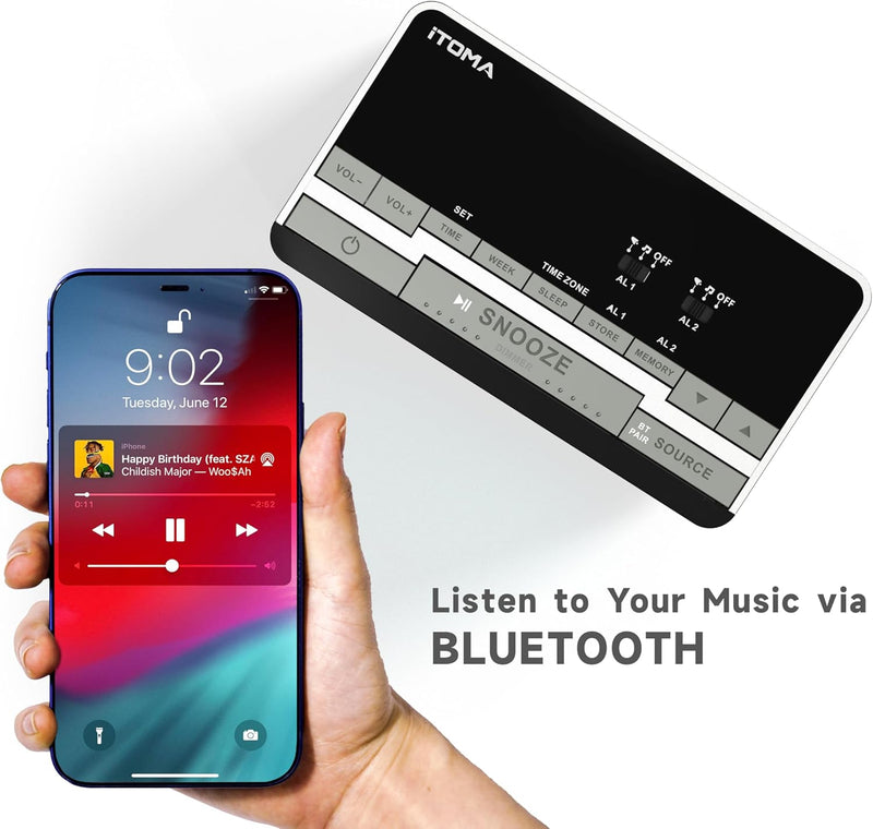 iTOMA Radiowecker，Bluetooth Stereo Lautsprecher, FM Radio, Dual Wecker, Snooze, Helligkeitsdimmer, U