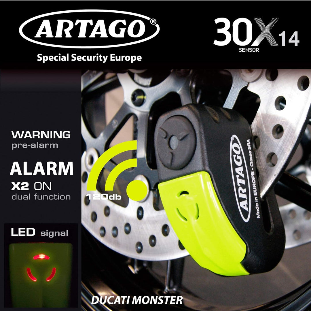 ARTAGO 30X5 Pack Bremsscheibenschloss mit Alarm 120db Hohe Sicherheit + Halterung für Ducati Monster