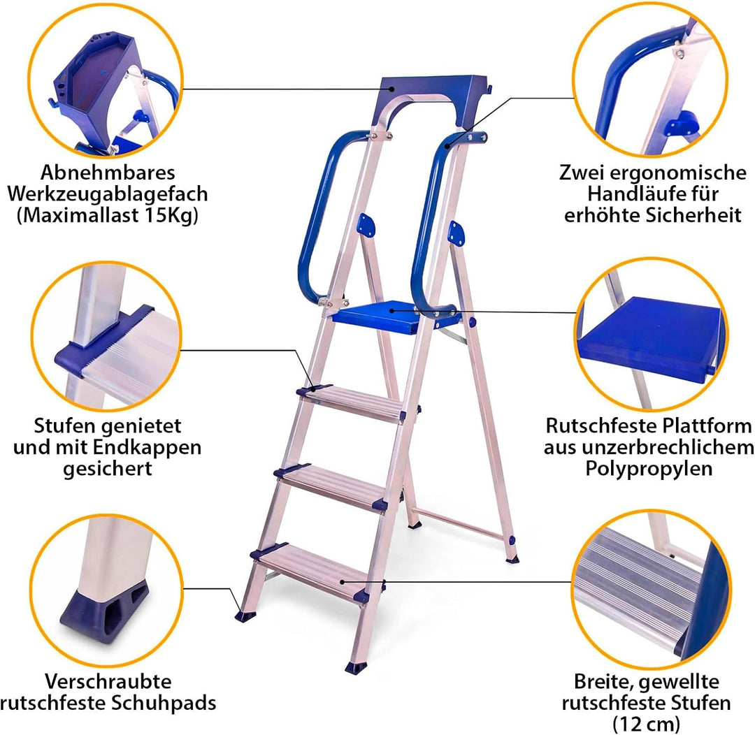 Trittleiter 4 Stufen Secure Pro, verstärktes Aluminium, sicher mit Rampen, Ablage für Werkzeuge, Höh