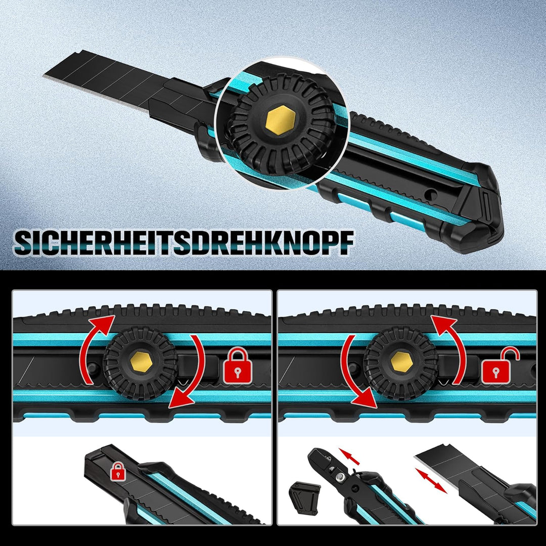 DURATECH 3 Stück Cuttermesser Set 18mm Profi Teppichmesser mit Drehknopf Sicherheitssperre, SK5 Abbr