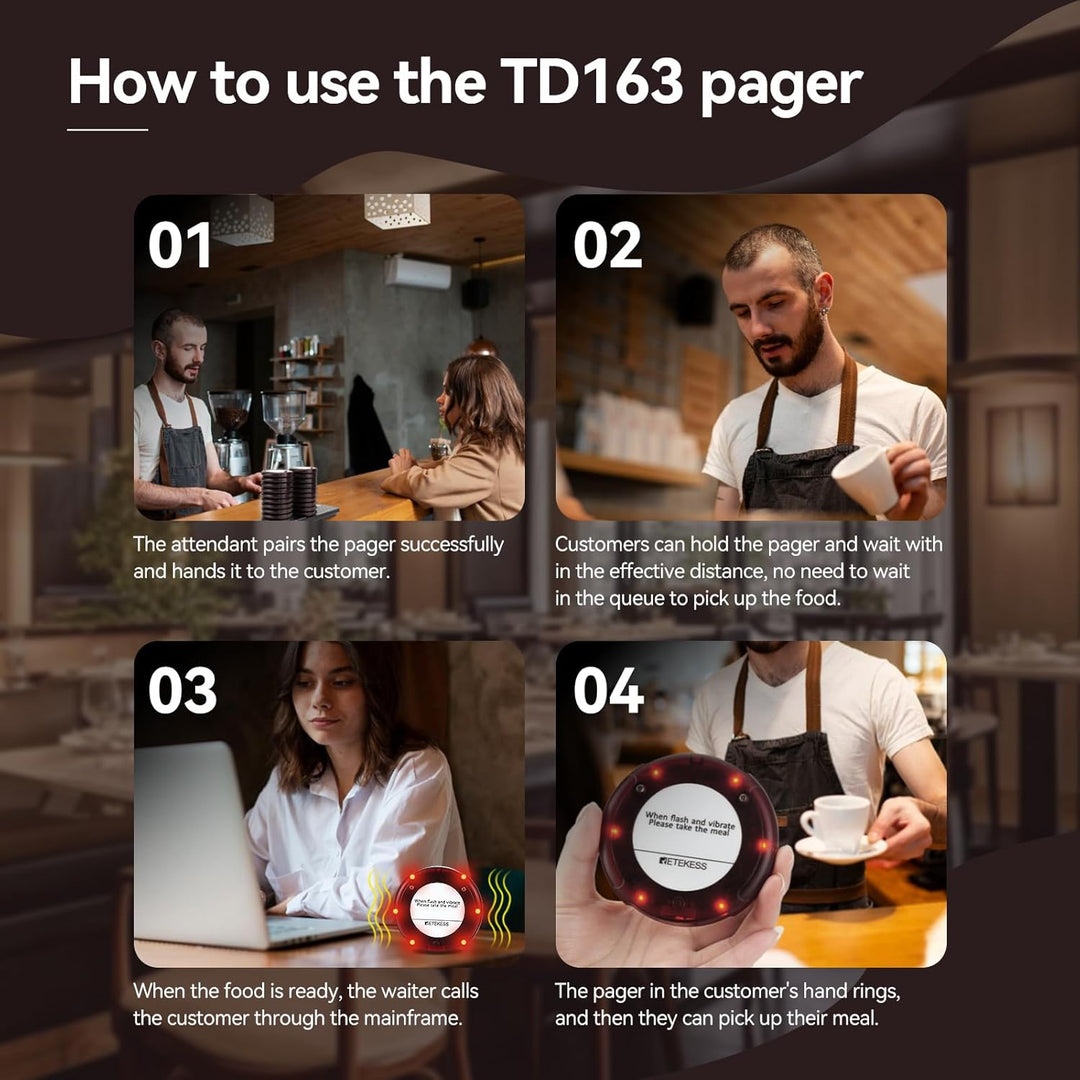 Retekess TD163 Pager System, Mini Restaurant Pager, 20 Untersetzer, Edelstahl-Ladegerät, 4 Anrufmodi