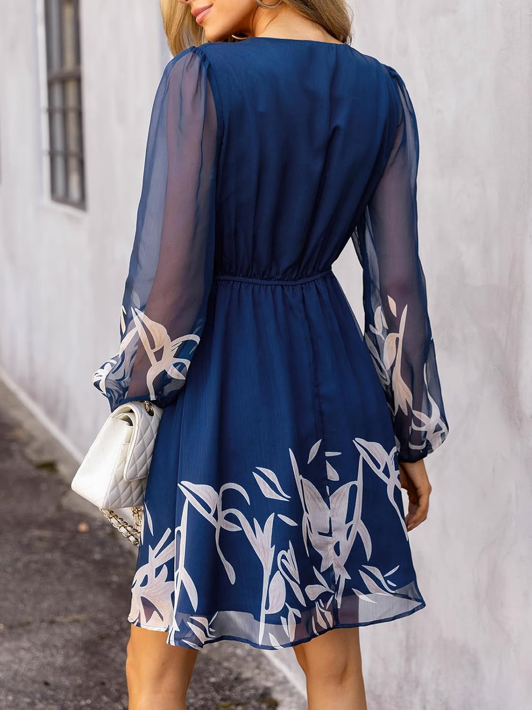CUPSHE Damen Kleid V Ausschnitt Wickeloptik Transparente Lange Ärmel Blumenmuster Freizeitkleider Wr