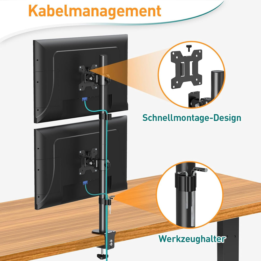 ELIVED Vertical Monitor Halterung 2 Monitore, 80cm Stange für 13-32 Zoll Monitore bis zu 8kg, Dualer