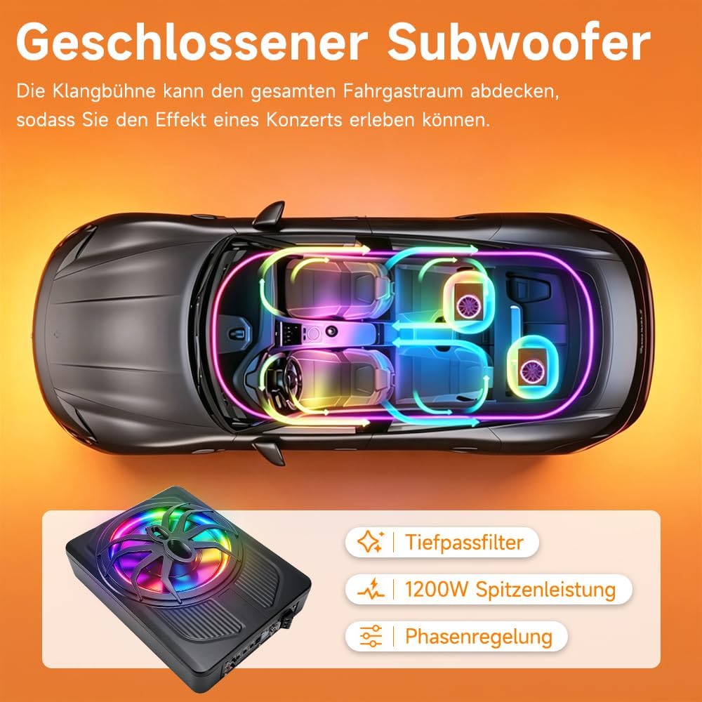 1200W 10 Zoll Slim Aktiv Subwoofer Auto mit APP Steuerung und Farblicht,12V Untersitz Auto Subwoofer