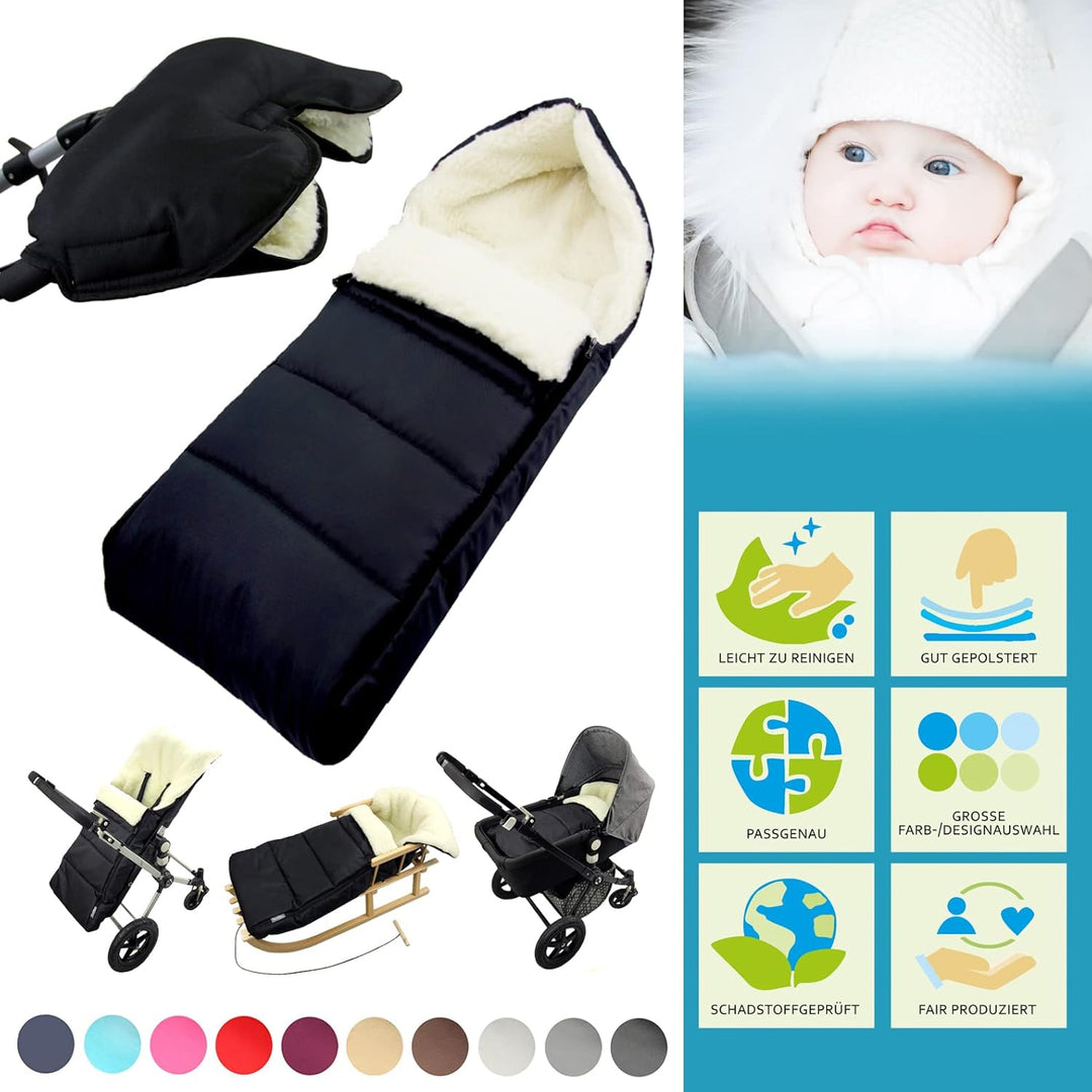 BAMBINIWELT KOMBI-ANGEBOT Muff + Winterfusssack 108cm - aus Lammwolle für Kinderwagen, Buggy, Radanh