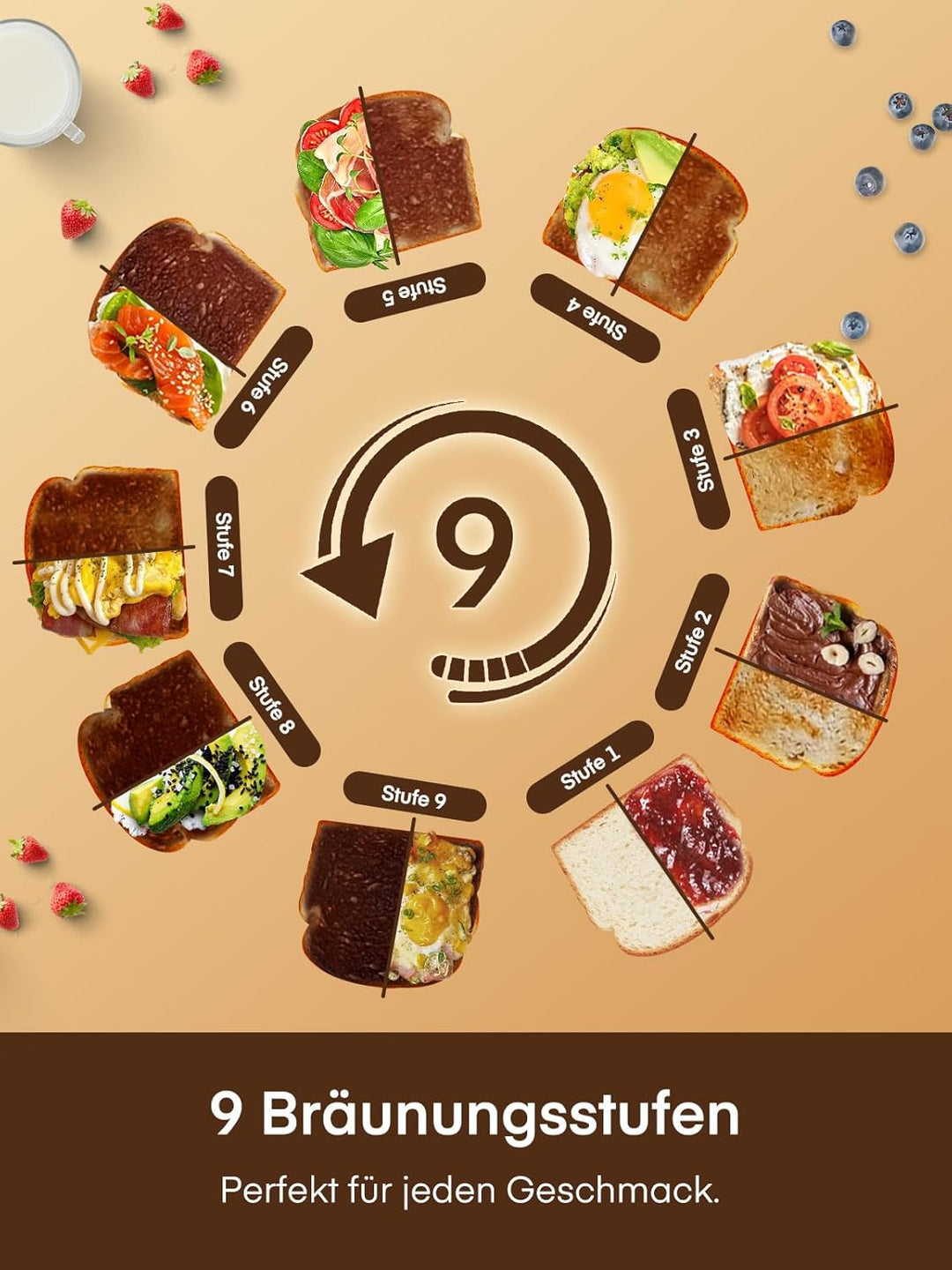 Toaster 4 Scheiben, 1400W Edelstahl Langschlitz Toaster, 9 Farbeinstellungen und 3 Brotsorten, Abbru