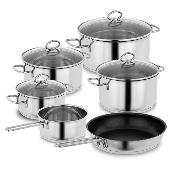 Kopf Topfset Merkur aus Edelstahl - Induktionstöpfe mit Schüttrand, Literskala und Glasdeckel – 6-te