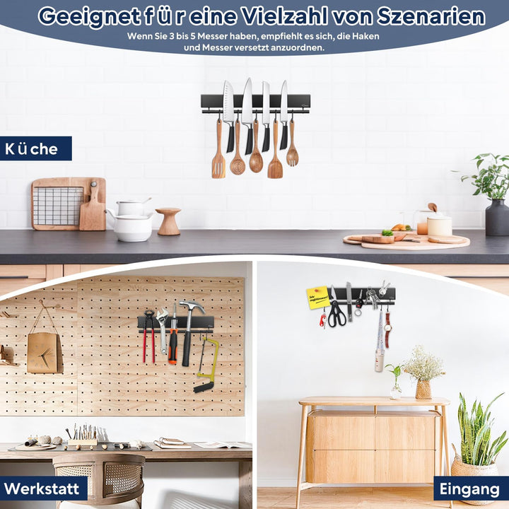 Dmore 30 cm Magnetleiste Messer mit 5 Haken, schwarzer Messerhalter magnetisch mit Hakenleiste, extr
