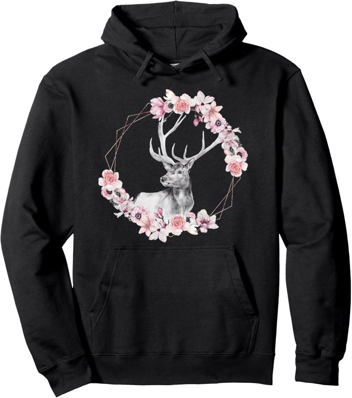 Hirsch Mit Blumen Waldtier Hirschkuh Geweih Jagd Kinder Reh Pullover Hoodie