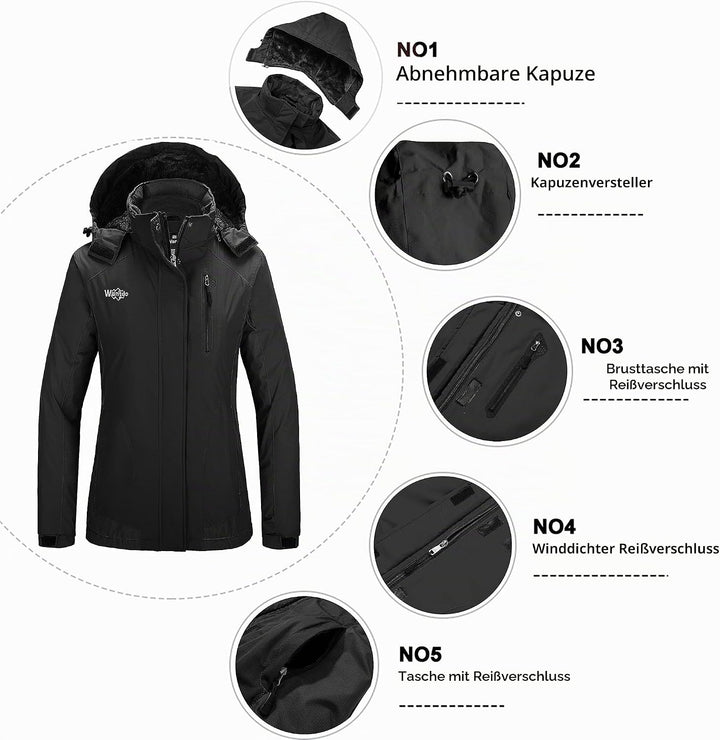 Wantdo Damen Winter Skijacke Warm Fleece Mantel Berg Snowboardjacke Outdoor Kapuzen Windbreaker Jack
