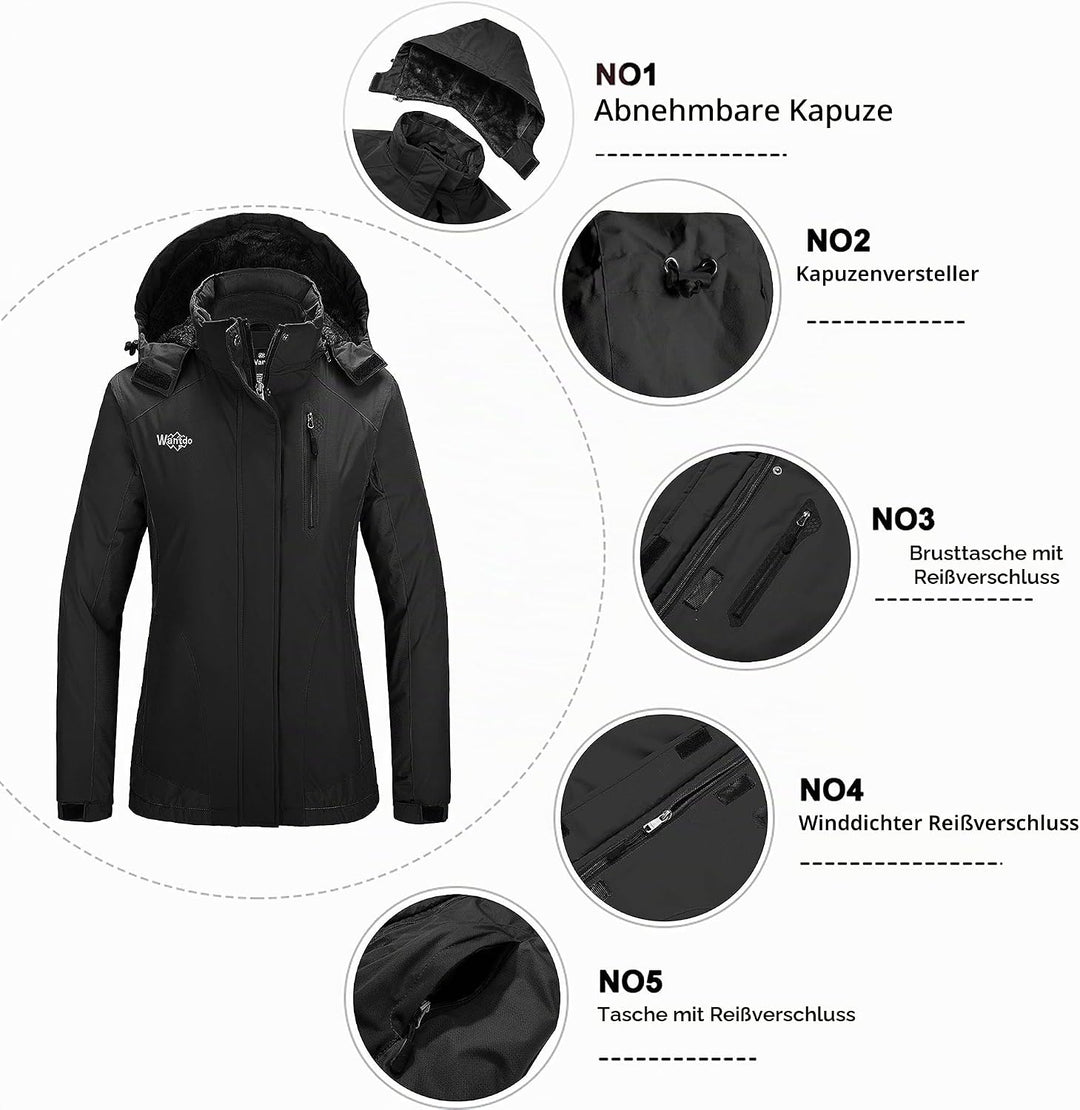 Wantdo Damen Winter Skijacke Warm Fleece Mantel Berg Snowboardjacke Outdoor Kapuzen Windbreaker Jack
