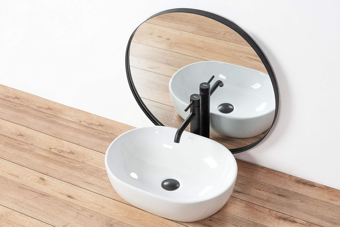 VBChome Waschbecken mit Armatur 48 x 35 Keramik Armatur Schwarz Oval Waschtisch Handwaschbecken AUFS