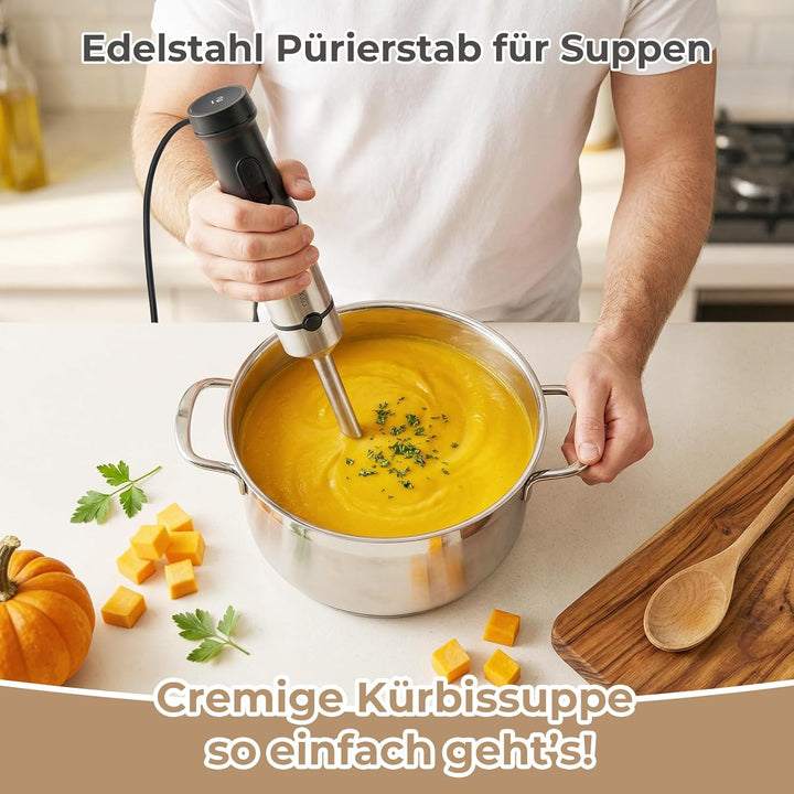 Stabmixer Set 1200W mit 12 Geschwindigkeiten & Turbofunktion – Edelstahl Pürierstab für Suppen, Soss