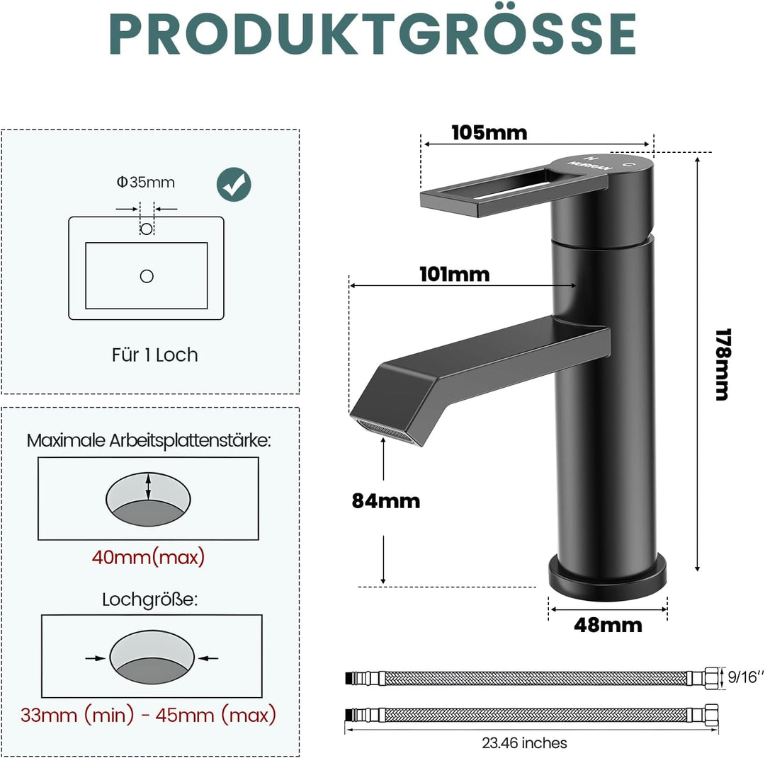 Wasserhahn Bad Waschtischarmatur Schwarz Matt, HURRAN Waschtischarmaturen Wasserhahn Badezimmer, Ede