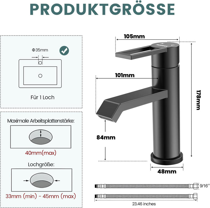 Wasserhahn Bad Waschtischarmatur Schwarz Matt, HURRAN Waschtischarmaturen Wasserhahn Badezimmer, Ede