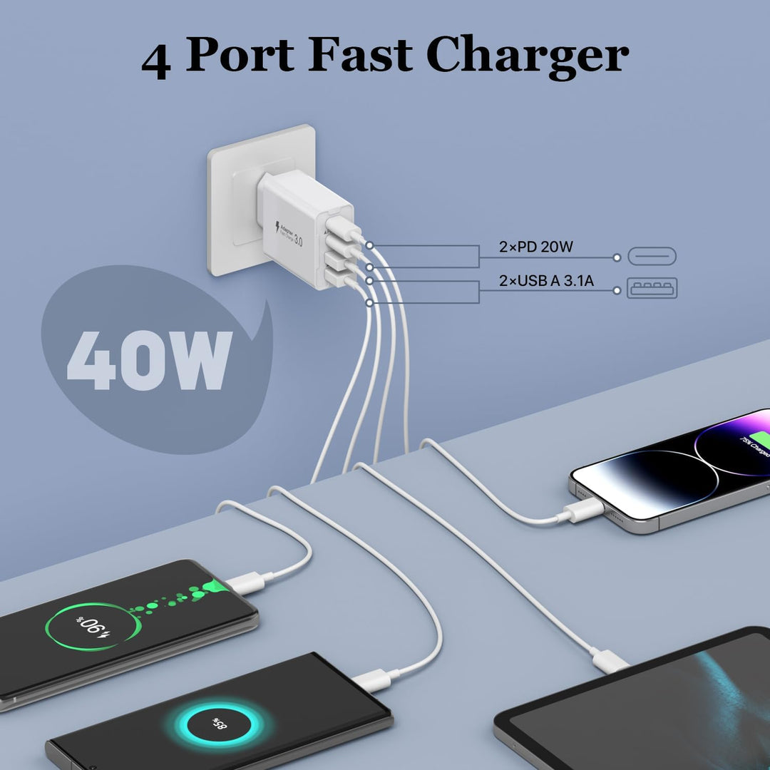 [2 Stück]USB C Ladegerät 40W,4 Ports Mehrfach Ladegerät mit USB-C und USB-A,USB C Schnellladeblock D