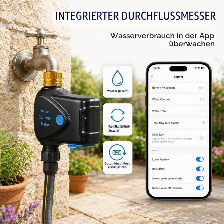 WLAN Bewässerungscomputer mit Durchflussmesser und Messinganschluss | Smart Life App-Steuerung ohne