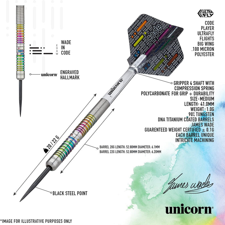 Unicorn Steel Tip Darts Set | James 'The Machine' Wade Code | 90% Natural Tungsten Barrels with Mult