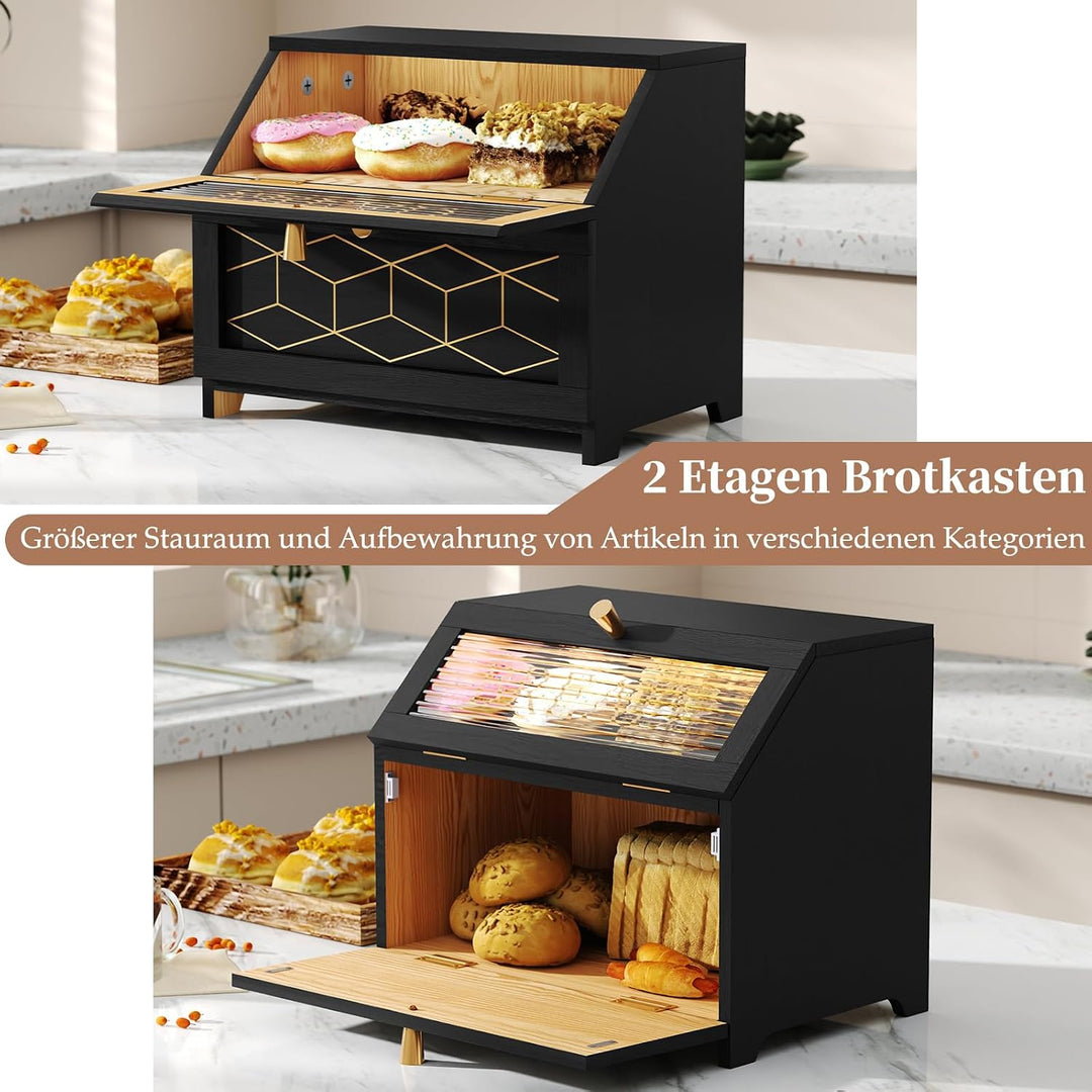 Brotkasten Holz, 2 Etagen Brot Aufbewahrungsbox, Gross Brotkasten Schwarz Mit Transparentem Fenster