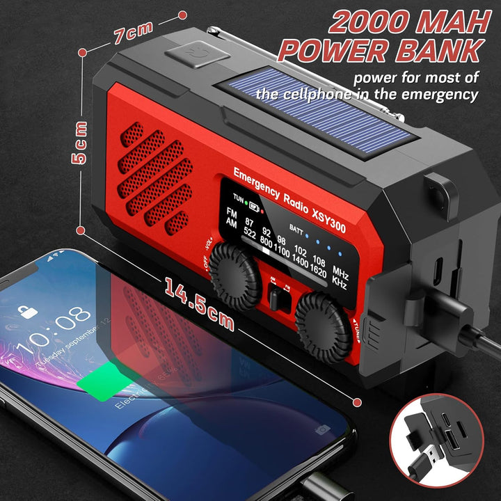YIKANWEN Tragbares Notfall-Kurbelradio, 2000mAh wiederaufladbare Batterie, AM/FM Kurbelradio mit LED