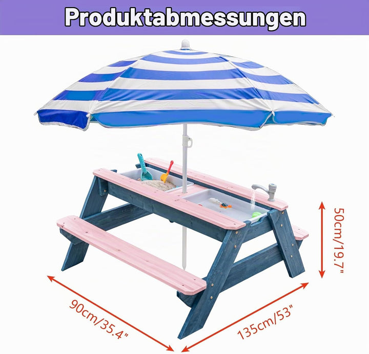 Kids 3-in-1 Sand- und Wasser-Aktivitätstisch, Holz, Outdoor, wandelbarer Picknicktisch mit Regenschi