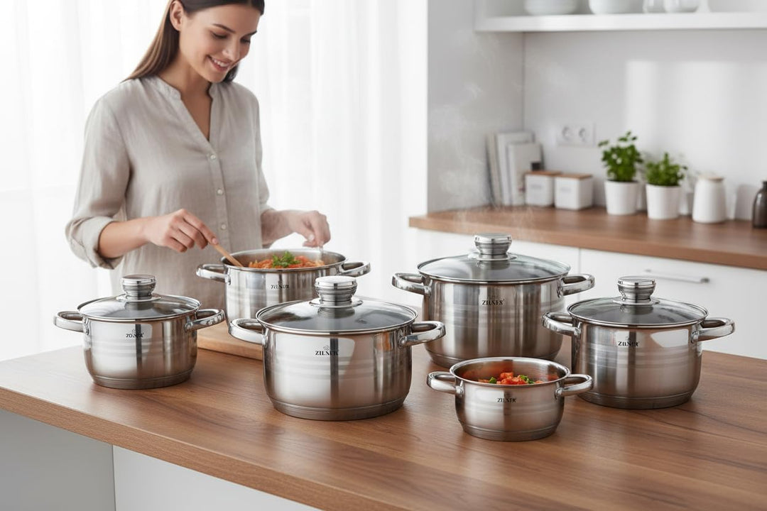 Zilner Topfset - Kochtopf Set 12-teilig - Edelstahl - mit Glasdeckeln - für alle Herdarten - Silber