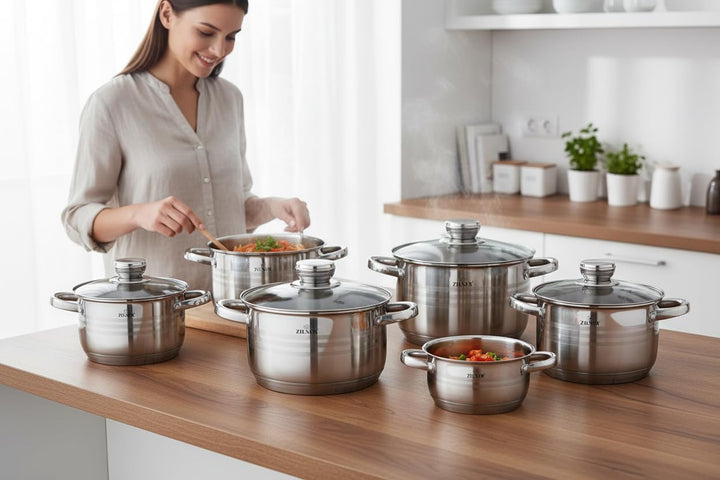 Zilner Topfset - Kochtopf Set 12-teilig - Edelstahl - mit Glasdeckeln - für alle Herdarten - Silber