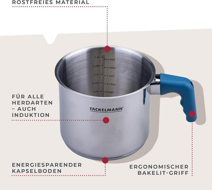 Fackelmann Milchtopf Essential Ø 14 cm aus Edelstahl mit ergonomischem Bakelit-Griff und praktischer